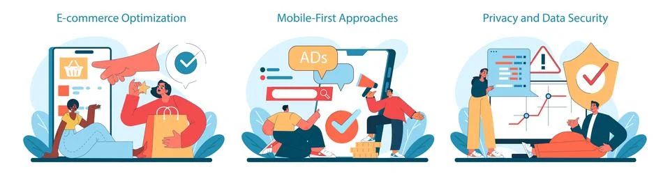 E-commerce, Mobile-First, Privacy and Security set. Enhancing online shopping Stockillustratie