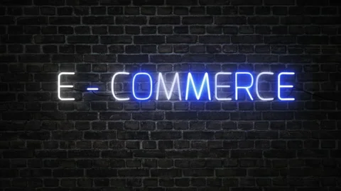E-commerce neon signboard in white and blue neon colors on brick wall background Video stock 220856478