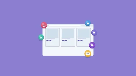 E-commerce online shop in browser with product cards and 3D icons, violet 動画素材 342598142