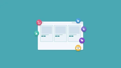 E-commerce online shop in browser with product cards and 3D icons, teal 動画素材 342598146