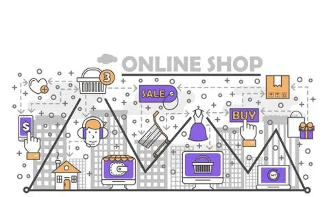 E-commerce, online shopping vector flat line art illustration Illustrazione stock