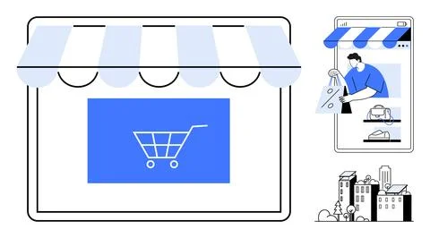 E-commerce online store concept with shopping cart, smartphone, storefront,.. Stock Illustration