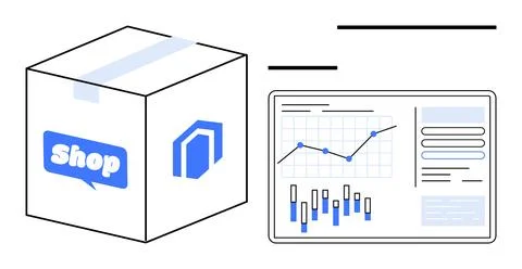 E-commerce package next to screen with analytics and graphs, representing o.. Stock Illustration