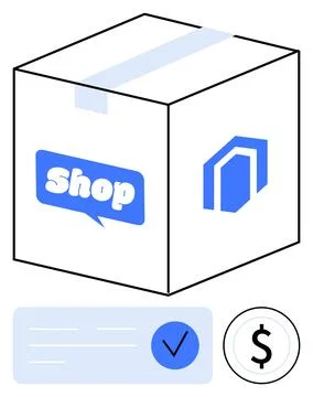 E-commerce package with shipping label, dollar sign, and approval checkmark.. Stock Illustration