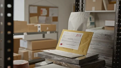 E-commerce Packages with Shipping Labels Sitting on Warehouse Shelf Stock Footage 342589612