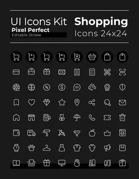 E commerce pixel perfect white linear ui icons set for dark theme Stock Illustration