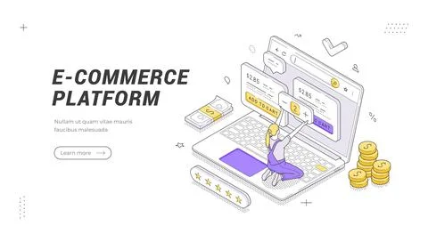 E-commerce Platform banner template. Isometric vector illustration of a perso Stock Illustration