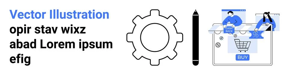 E-commerce platform with cogwheel, text, and users selecting items on screen. Stock Illustration