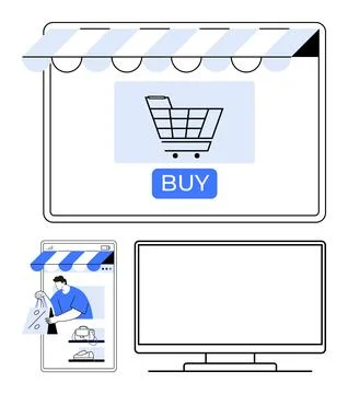 E-commerce platform display with shopping cart icon and buy button on digit.. Stock Illustration