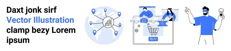 E-commerce platform elements with a product being added to cart, a global net Stock Illustration