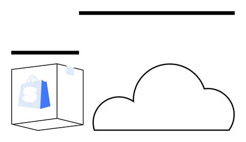 E-commerce platform icon with shopping bag graphic, floating rectangular shap Illustrazione stock