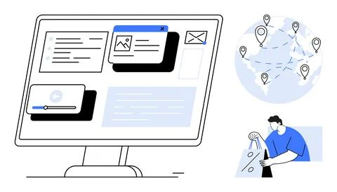 E-commerce platform interface on desktop monitor, global map with location pi Stock Illustration