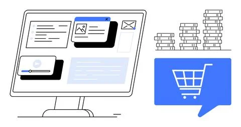 E-commerce Platform Interface with Shopping Cart Icon and Stacked Coins Ill.. Illustrazione stock