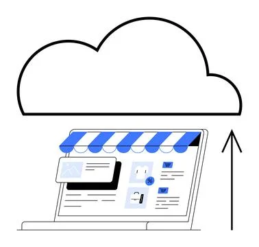 E-commerce Platform on Laptop with Cloud Storage Integration for Online Sho.. Stock Illustration