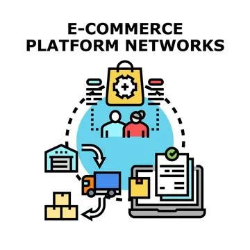 E commerce platform networks facilitating business delivery and online shoppi Stock Illustration