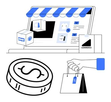 E-commerce platform with online store interface, shopping bags, currency sy.. Stock Illustration