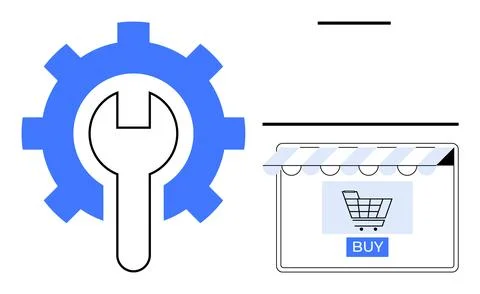 E-commerce Platform Optimization Depicted by Gear and Online Storefront wit.. Illustrazione stock