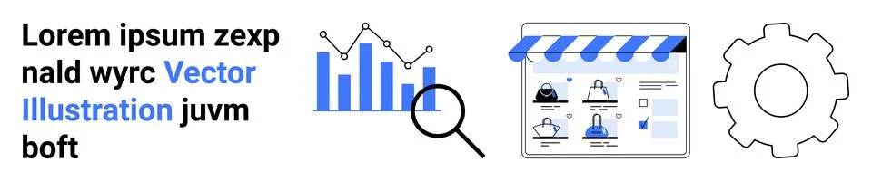 E-commerce platform preview with analytical graph, magnifying glass, store in Stock Illustration