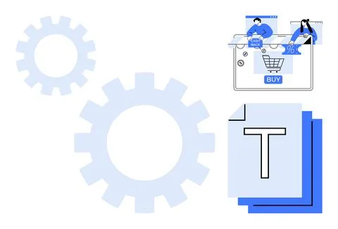 E-commerce platform with shopping cart and cogwheels representing functiona.. Stock Illustration