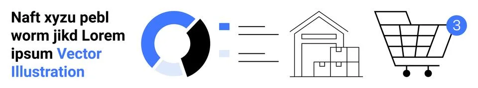 E-commerce Process Diagram with Warehouse, Pie Chart, and Shopping Cart Icons Stock Illustration