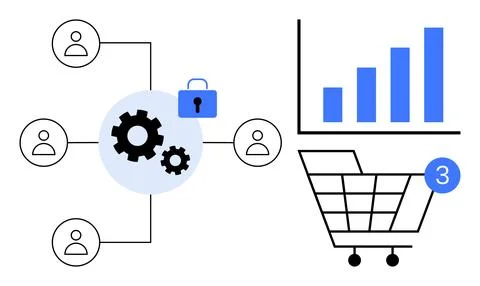 E-commerce Process Flow with Team Collaboration and Security Lock, Bar Grap.. Stock Illustration