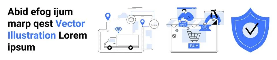 E-commerce Process Visualization with Shopping Cart, Delivery Tracking, and.. 스톡 일러스트