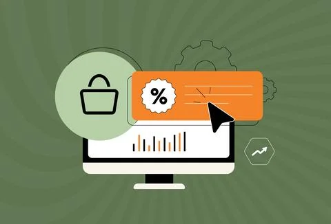 E-commerce promotion analysis with shopping cart icon, discount coupon and Stock Illustration