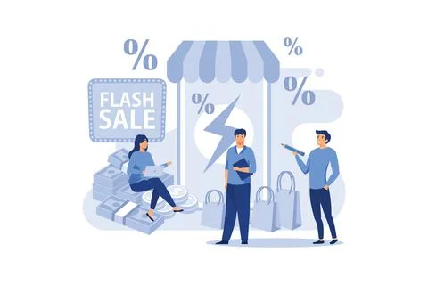 E commerce promotion flash sale concept. a man hold megaphone. special offer, Stock Illustration