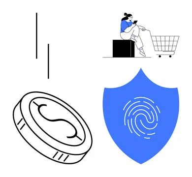 E-commerce Security and Digital Economy A Conceptual Flat Design with Token.. 스톡 일러스트