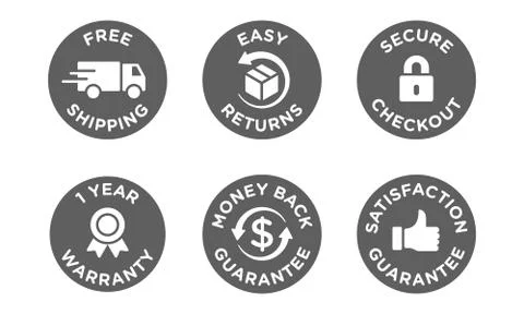 E-commerce security badges risk-free shopping icons set Stock Illustration