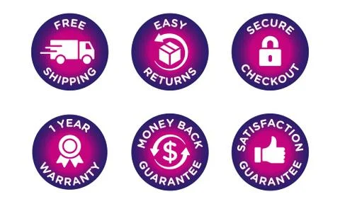 E-commerce security badges risk-free shopping icons set Illustrazione stock