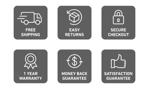 E-commerce security badges risk-free shopping icons set Stock Illustration