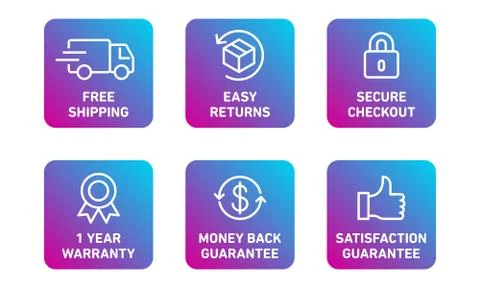 E-commerce security badges risk-free shopping icons set Stock Illustration