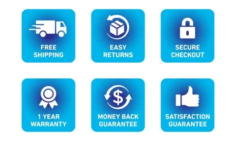 E-commerce security badges risk-free shopping icons set Stock Illustration