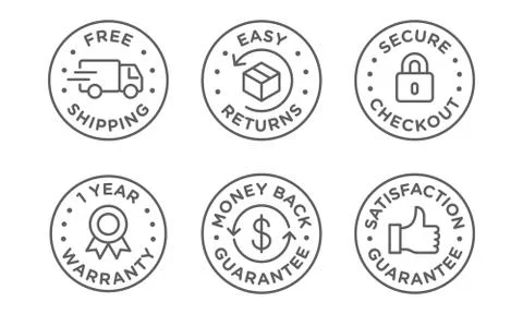 E-commerce security badges risk-free shopping icons set Stock Illustration