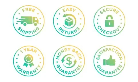 E-commerce security badges risk-free shopping icons set Stock Illustration
