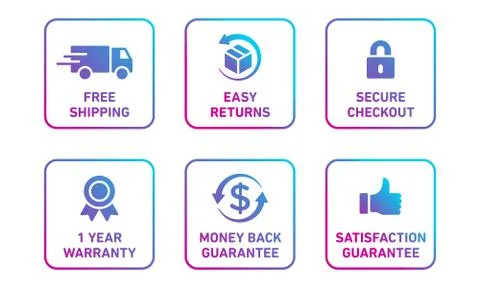 E-commerce security badges risk-free shopping icons set Stock Illustration