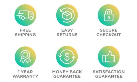 E-commerce security badges risk-free shopping icons set Illustrazione stock