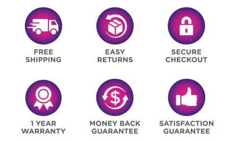 E-commerce security badges risk-free shopping icons set Stock Illustration