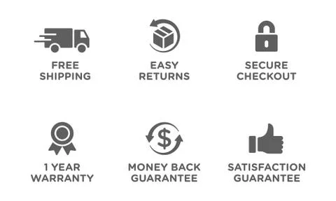 E-commerce security badges risk-free shopping icons set Stock Illustration