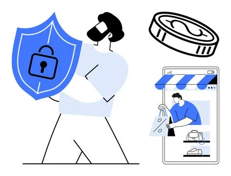 E-commerce security, online protection, digital payments, shopping apps, data Stock Illustration