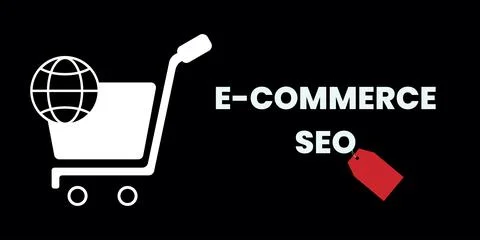 E-Commerce SEO Banner with Text. White Shopping Cart Icon on Black Background Illustrazione stock