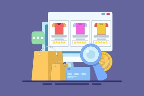 E-commerce SEO concept, products added to search engine results page. Stock Illustration