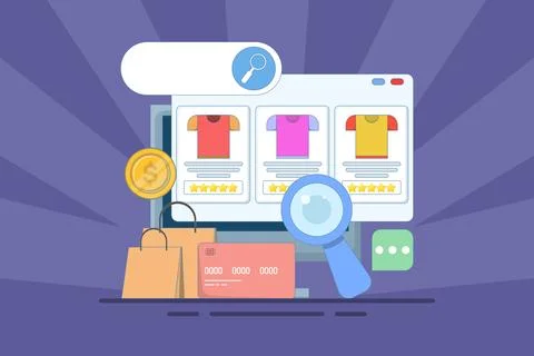 E-commerce SEO concept, products added to search engine results page. Stock Illustration