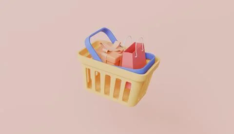 E-commerce shopping basket with gift and shopping bag Stock Illustration
