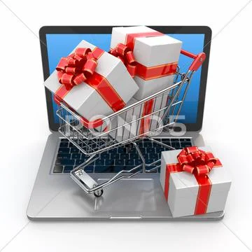 E-commerce. shopping cart and gifts on laptop. 3d Stock Illustration