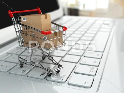 E-commerce. shopping cart with cardboard boxes on laptop. Stock Illustration