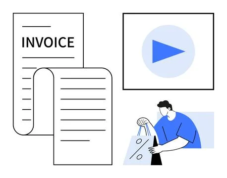 E-commerce Shopping Concept with Invoice, Shopping Bags, and Video Tutorials Stock Illustration