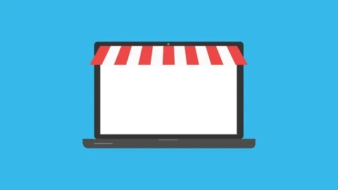 E-commerce shopping concept. Striped awning over laptop screen with buy button. 動画素材 100639511