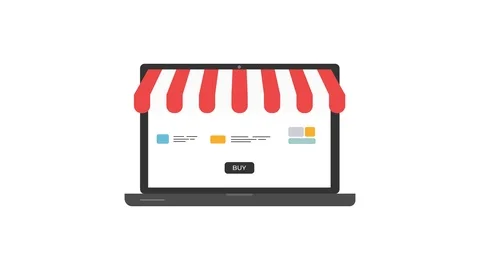 E-commerce shopping concept. Striped awning over laptop screen with buy button. Vidéo 100639517